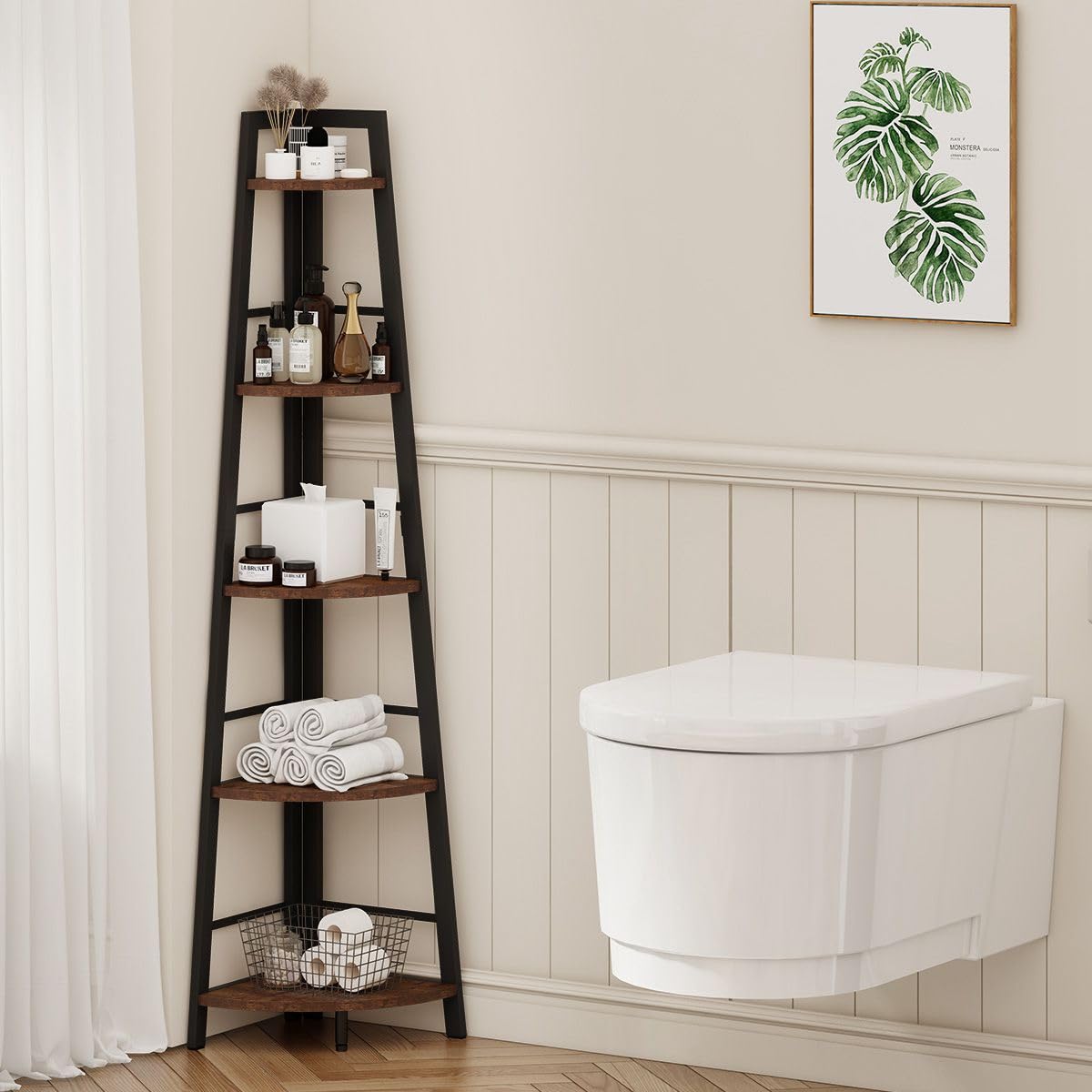 5-Tier Black Metal Wood Corner Bookshelf M8341