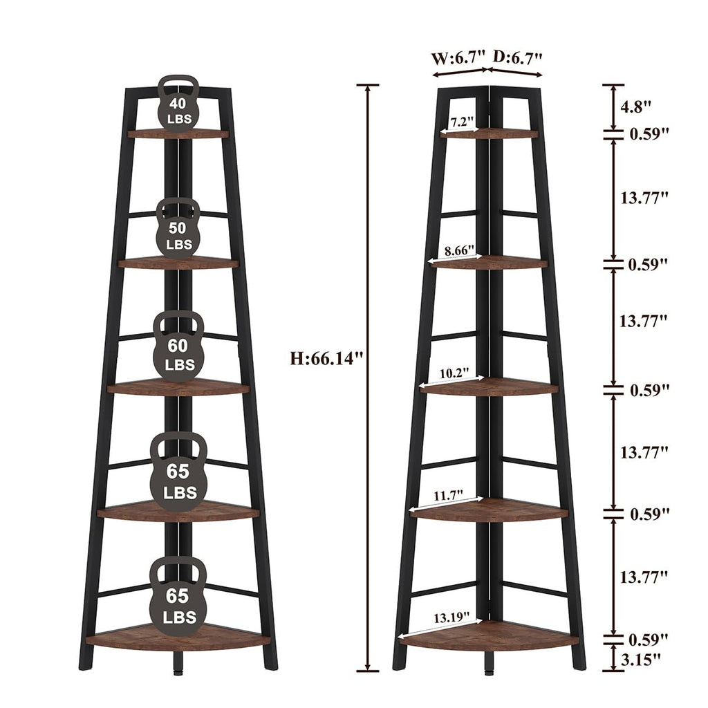 5-Tier Black Metal Wood Corner Bookshelf M8341