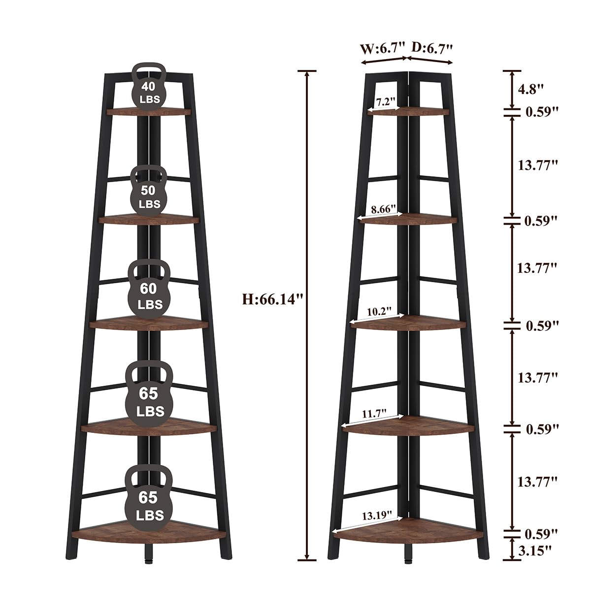 5-Tier Black Metal Wood Corner Bookshelf M8341