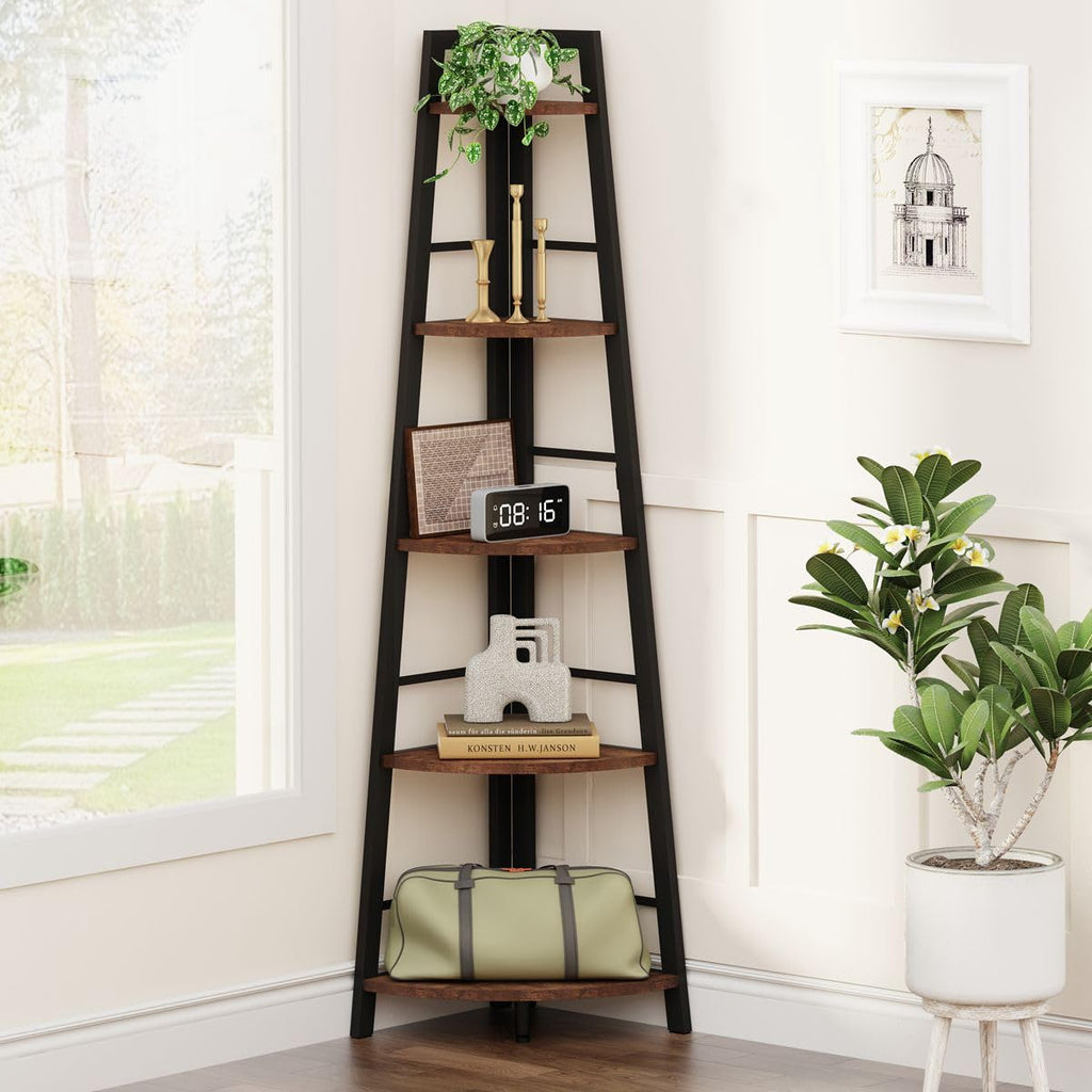 5-Tier Black Metal Wood Corner Bookshelf M8341