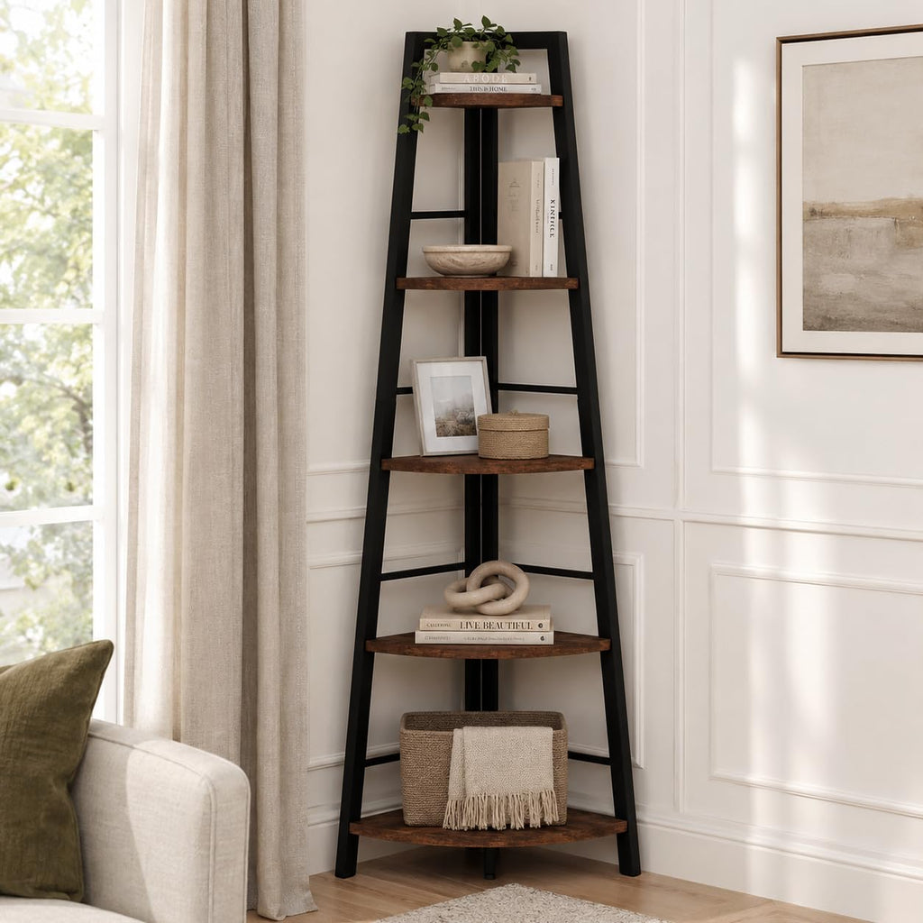 5-Tier Black Metal Wood Corner Bookshelf M8341