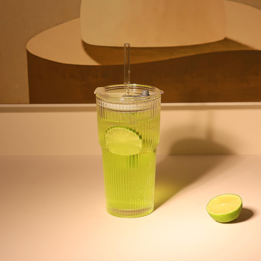 Set of 2 Ribbed Glass Tumbler with Lids and Straws H845303