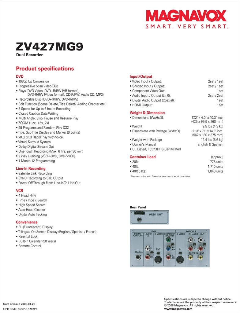 DVD Recorder/VCR Combo, HDMI 1080p Up-Conversion Y180664