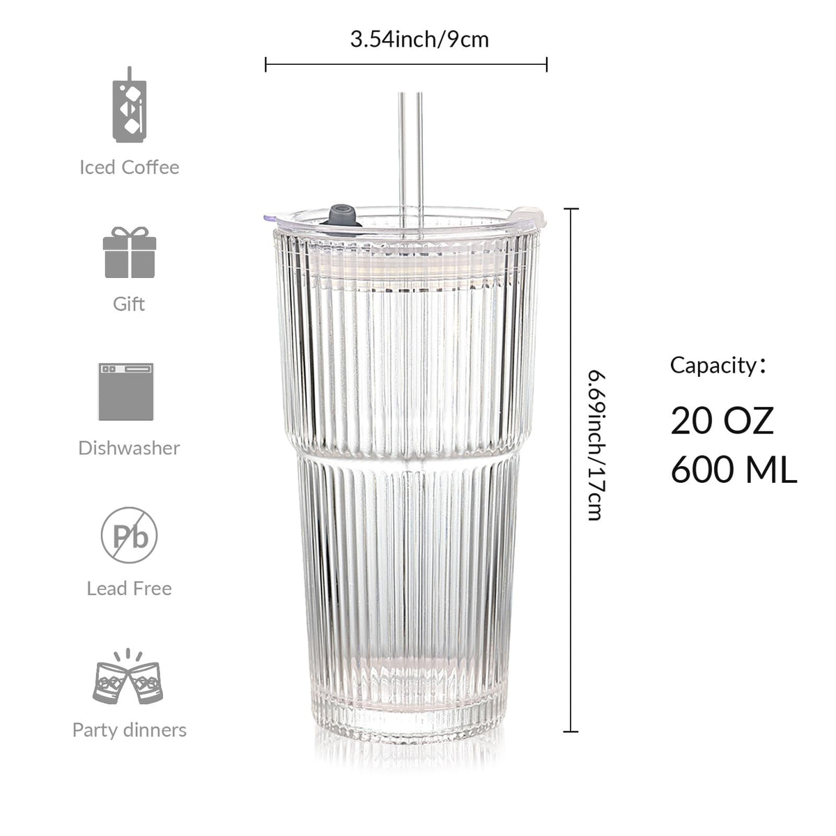 Set of 2 Ribbed Glass Tumbler with Lids and Straws H845303