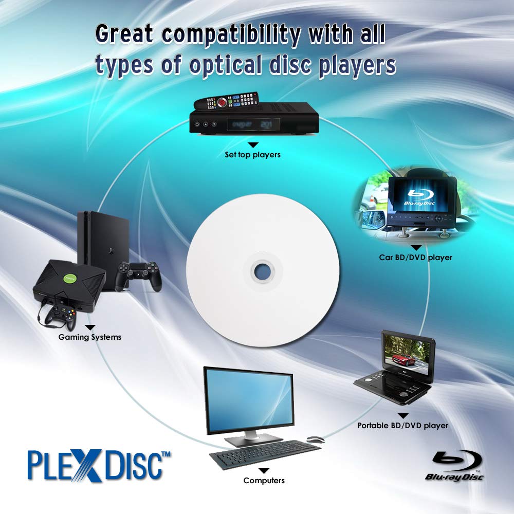 Water Resistant Glossy White Inkjet Printable BD-R DL 6x 50GB Blu-ray 10 Disc Spindle D7769