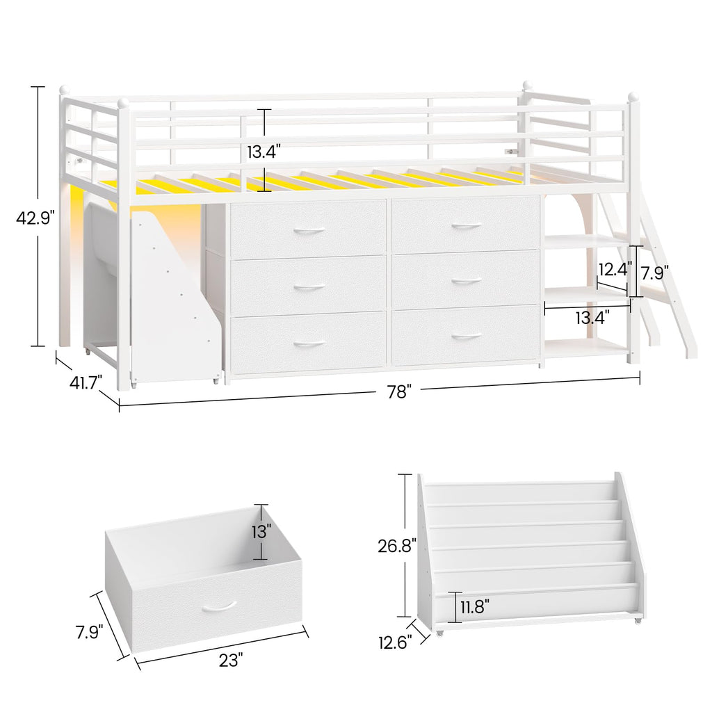 White Twin Loft Bed with Bookshelf, Display Shelf, Storage Drawers and Ladder Q8032