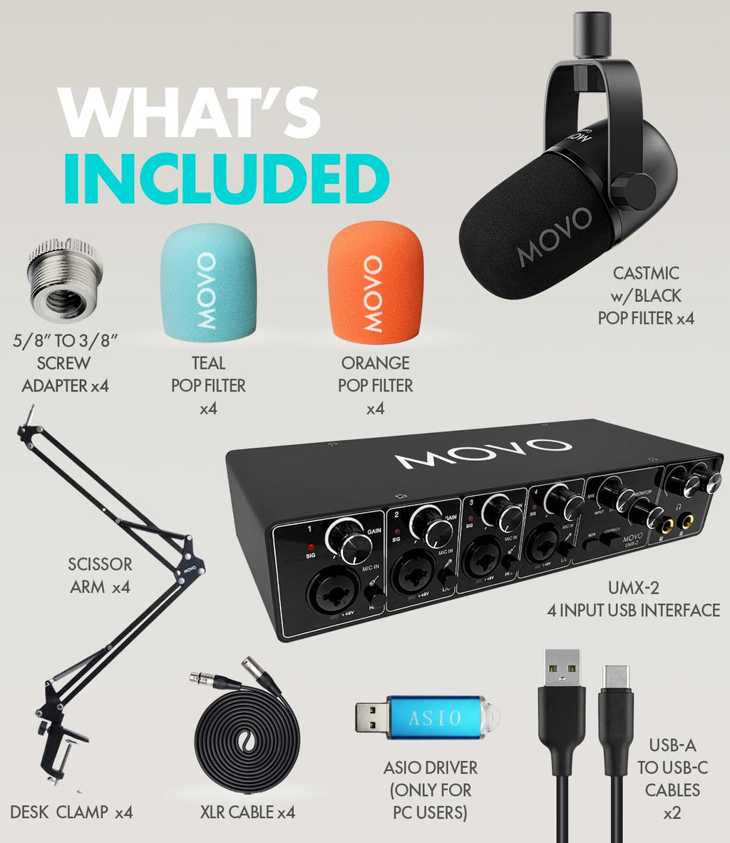 4-Person Podcast Equipment Bundle with 4-Channel USB Audio Interface and 4 Dynamic Microphones R27467