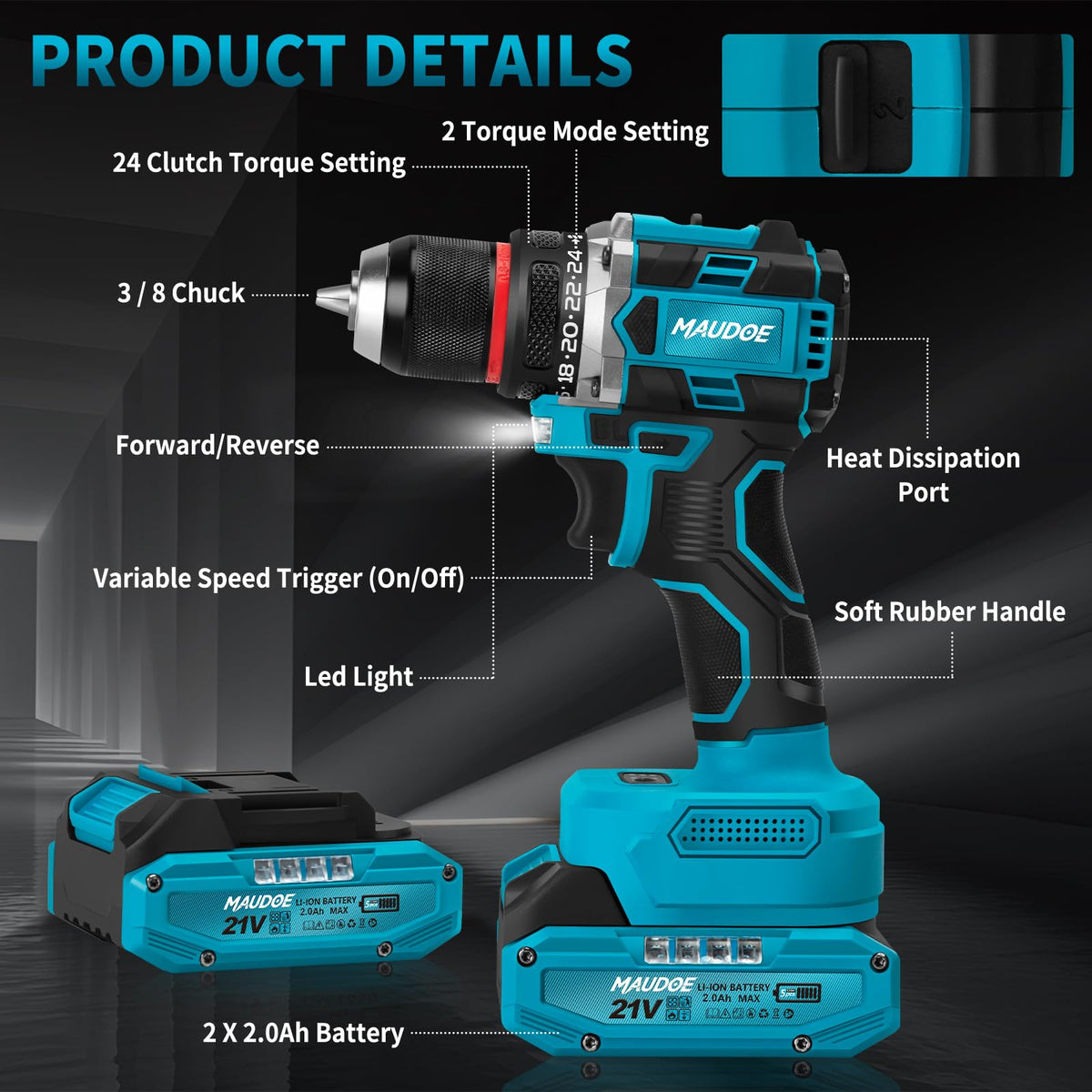 21V Brushless Cordless Drill with 2 Batteries & Charger V60360