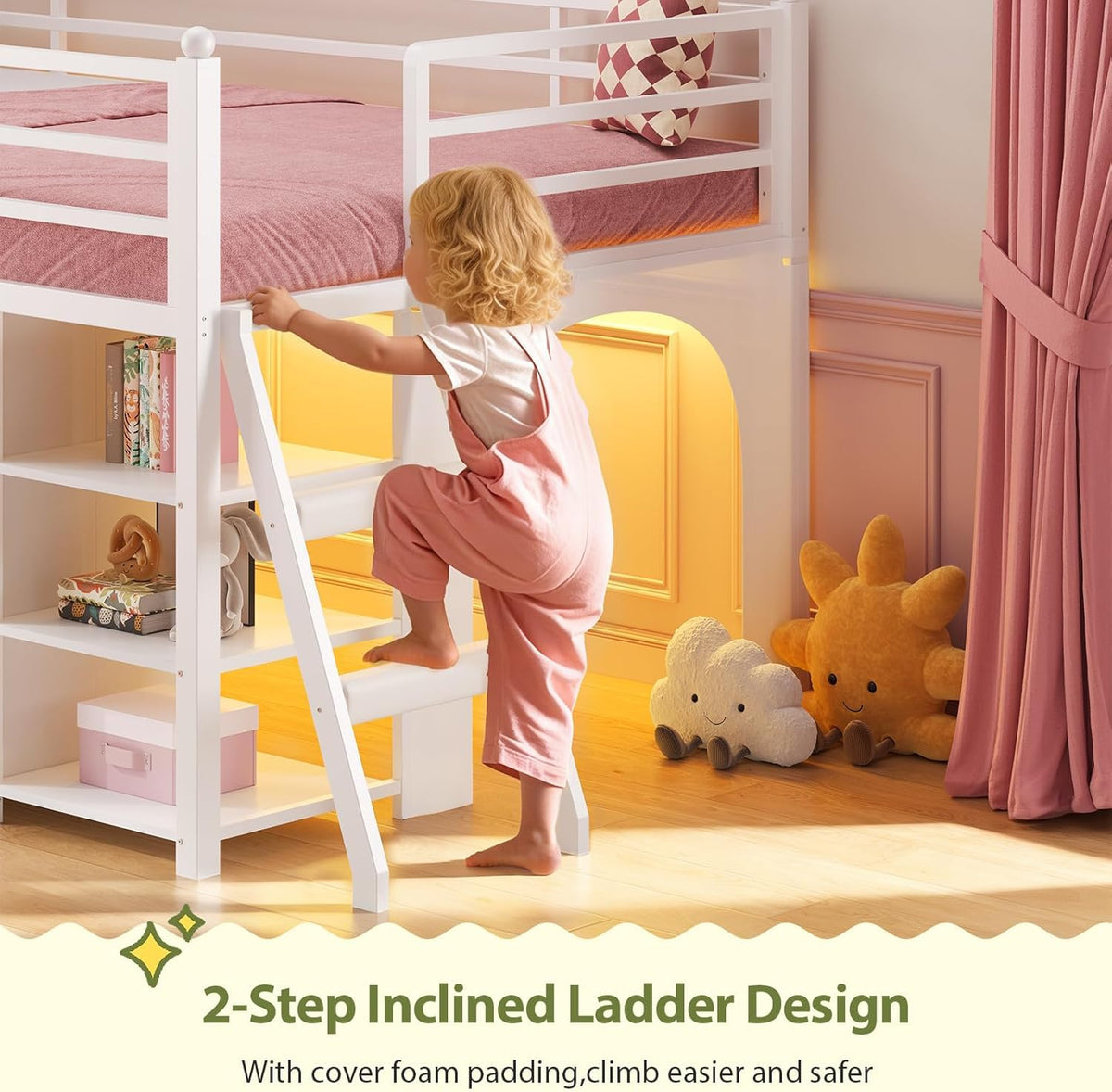 White Twin Loft Bed with Bookshelf, Display Shelf, Storage Drawers and Ladder Q8032