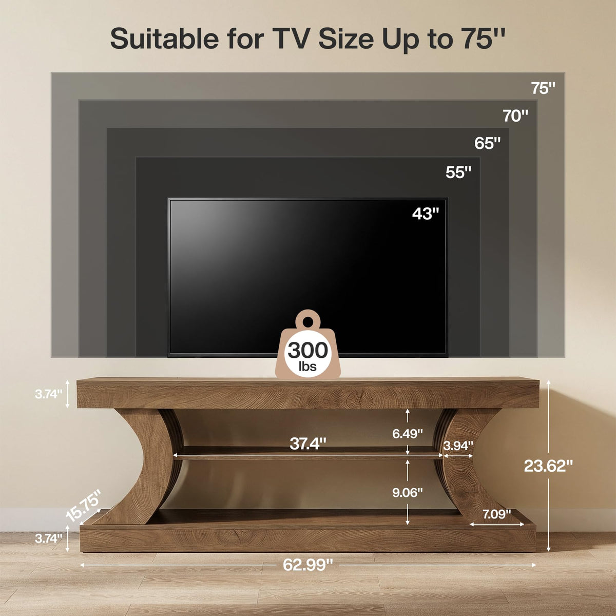 63" Brown TV Stand with Storage Shelf X9994