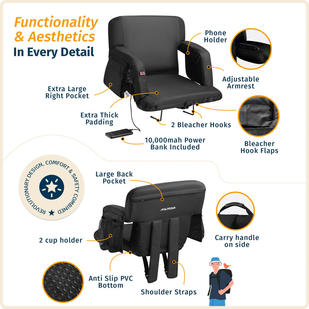 Heated Massage Reclining Stadium Seat with Back Support and Cushion F401126