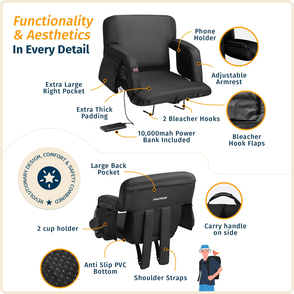 Heated Massage Reclining Stadium Seat with Back Support and Cushion F401126