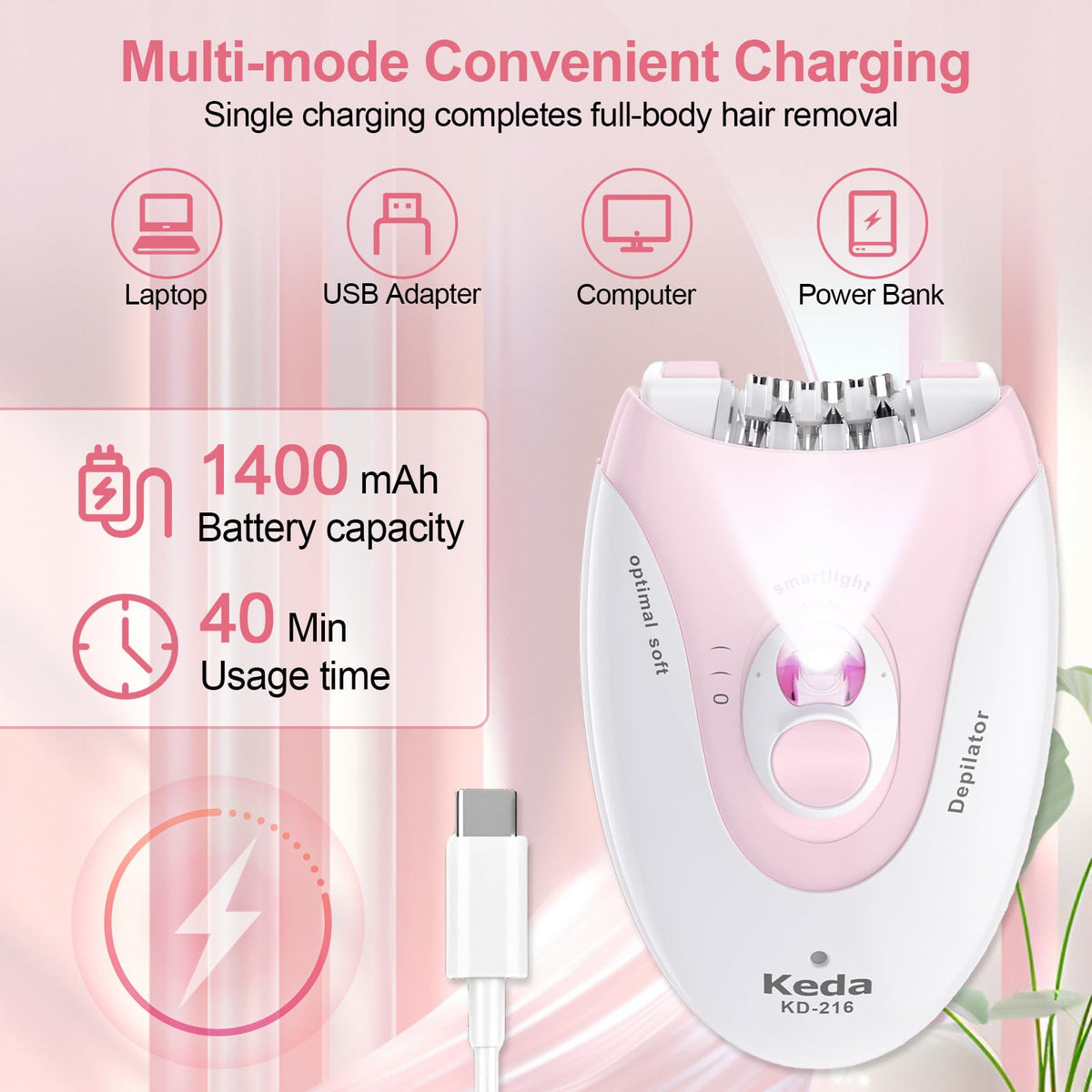 2 Speeds Rechargeable Epilator with LED Light R25740