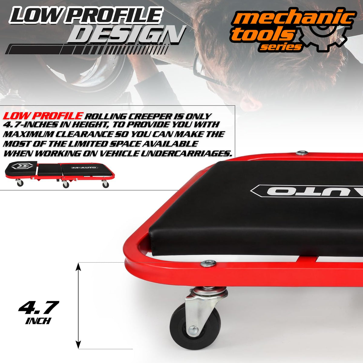 40-Inch Folding Creeper Rolling Seat, 330LBS Capacity with 6 Swivel Casters, Red R6190