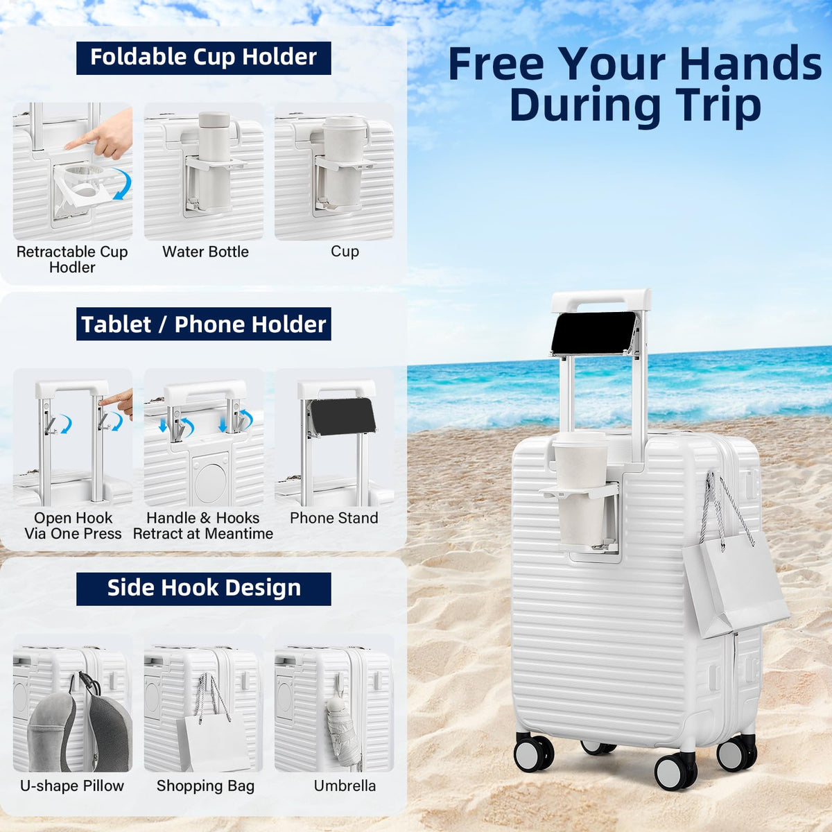 20 Inch White Hard Shell Carry on Luggage with Wheels D2791