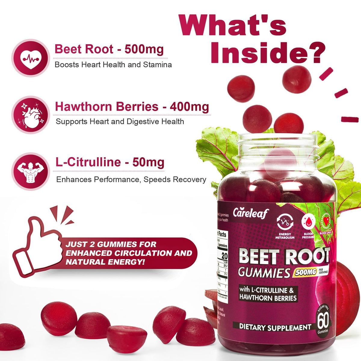 Sugar-Free Vegan Beet Root Gummies with L-Citrulline & Hawthorn Extract, 60 Count K149673