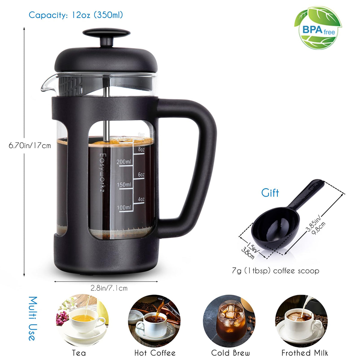 12 oz French Press Coffee Tea Maker with Measuring Spoon S8089