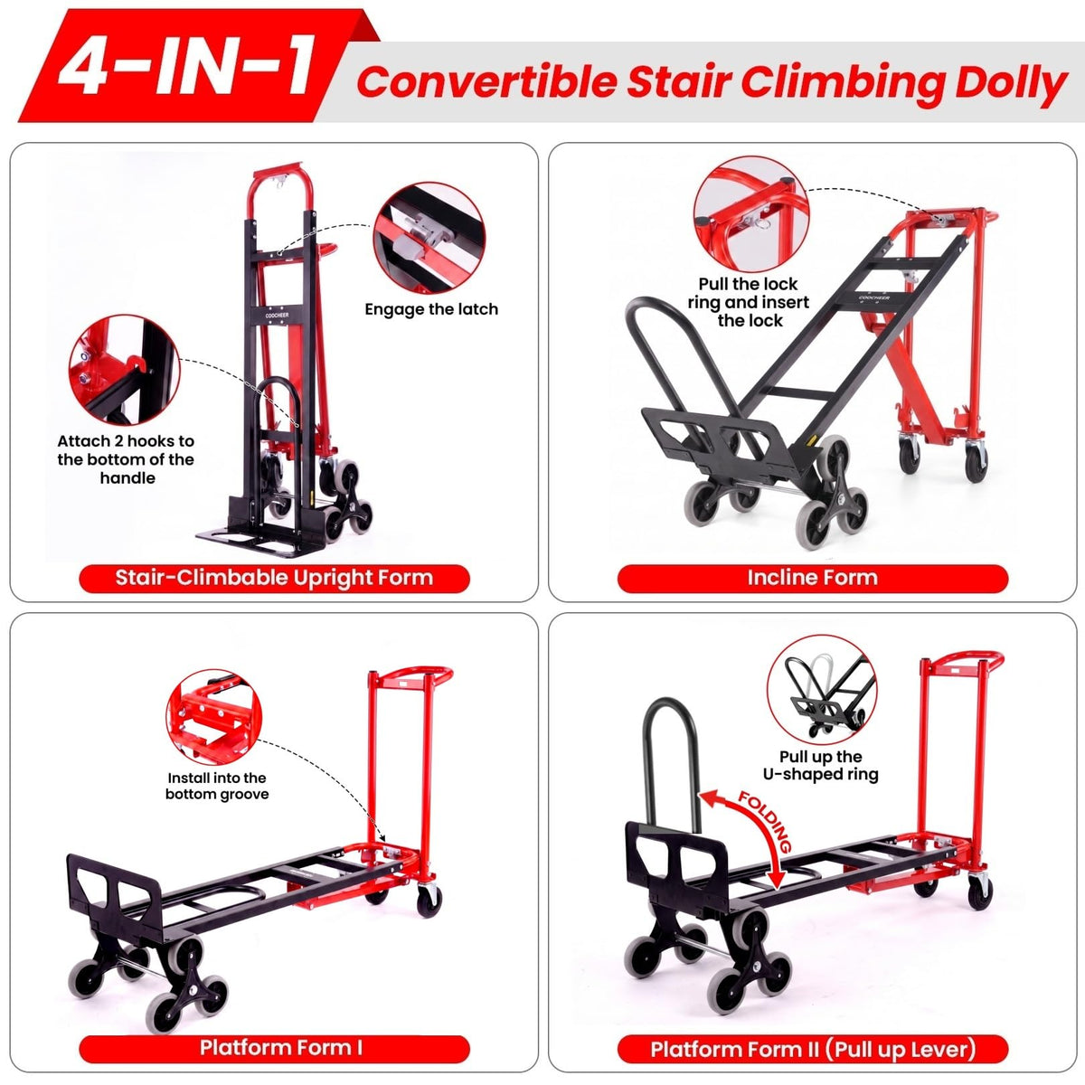 Heavy Duty 1000LBS Stair Climbing Convertible Hand Truck Cart with Solid Wheels S4923
