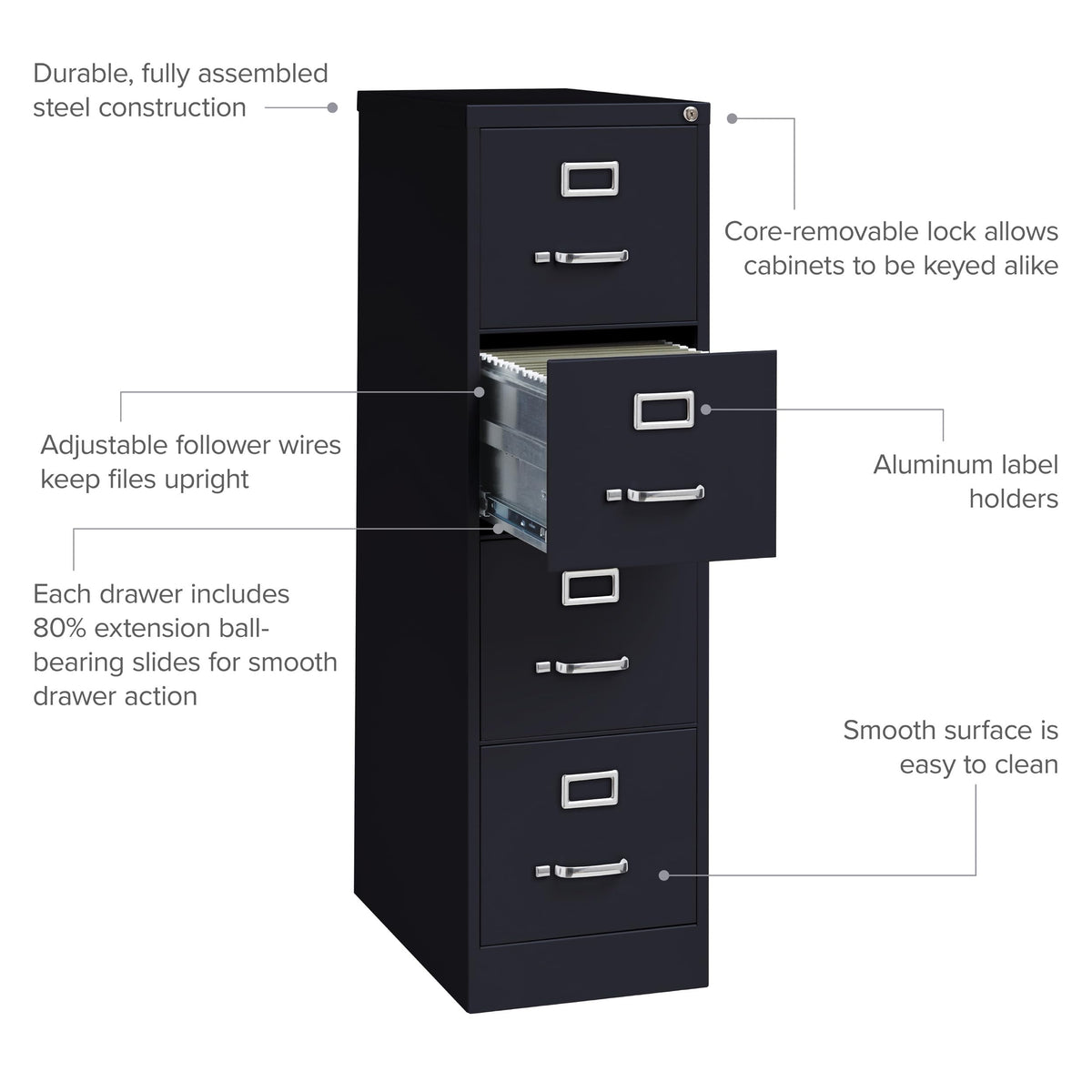 15" W 4 Drawer Vertical File Cabinet, Black, Letter H605101