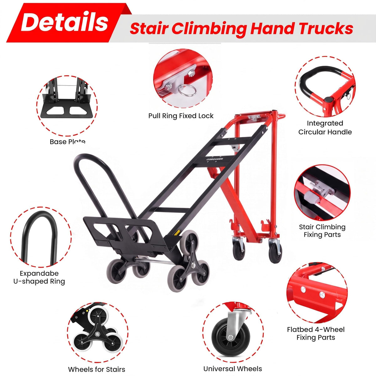 Heavy Duty 1000LBS Stair Climbing Convertible Hand Truck Cart with Solid Wheels S4923