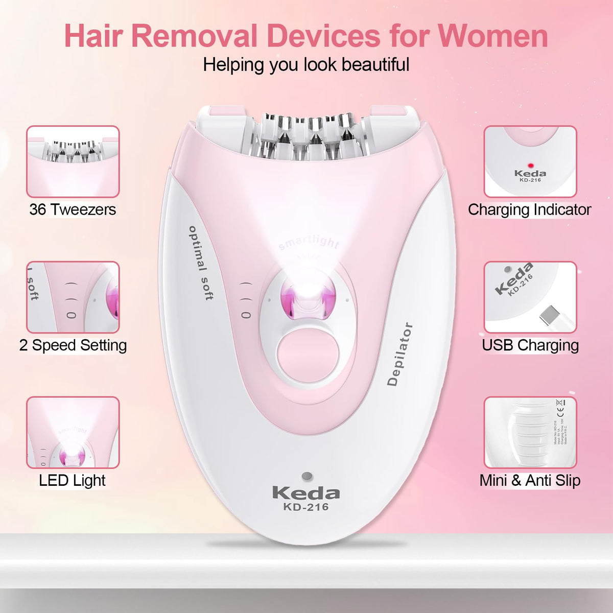 2 Speeds Rechargeable Epilator with LED Light R25740