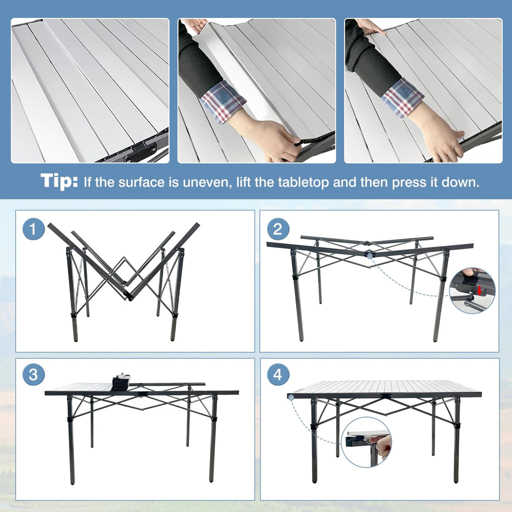 29.9" Tall Folding Camping Table for 2-6 Person, 54.7" Large Aluminum Foldable Roll-up Table Outdoor with Carry Bag for Picnic, Camp, Sturdy, Backyard, Patio L939611