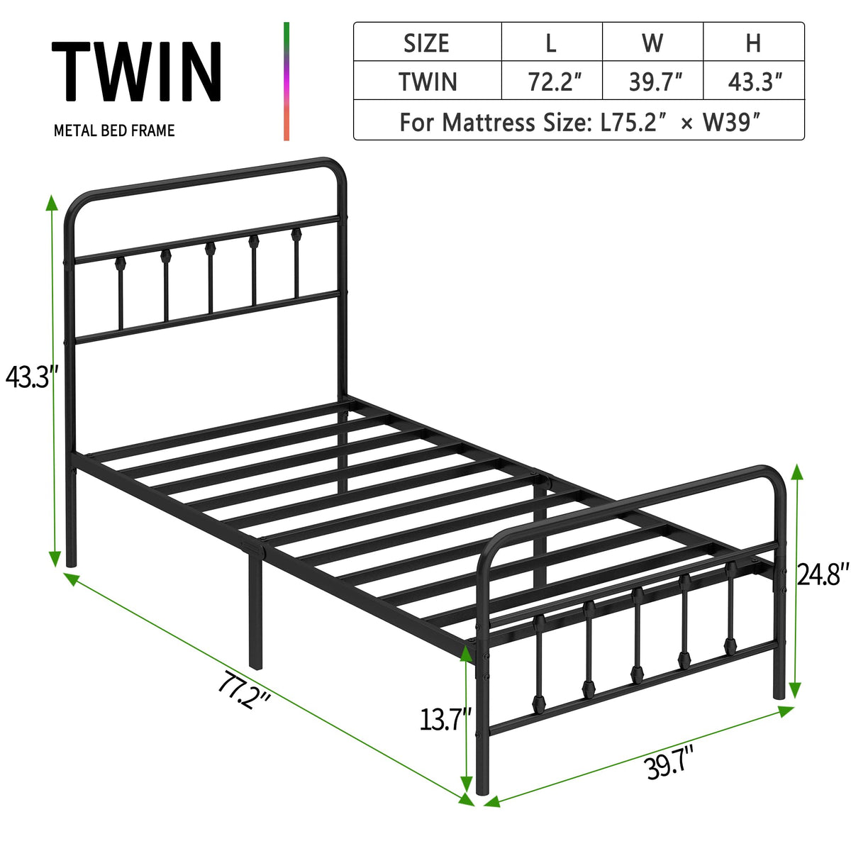 Twin Size Metal Bed Frame with Headboard and Footboard F5067