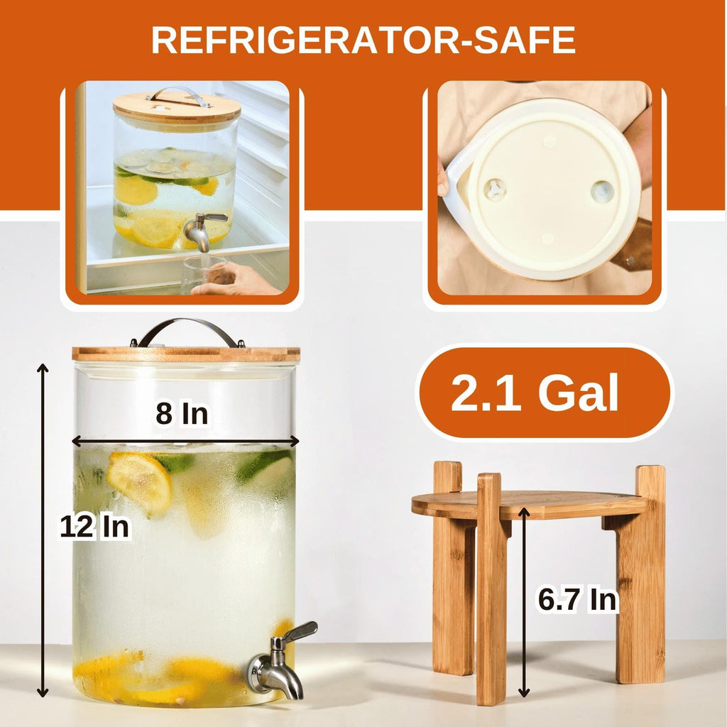 2.1 Gallon Glass Beverage Dispenser with Bamboo Stand and Spigot J711