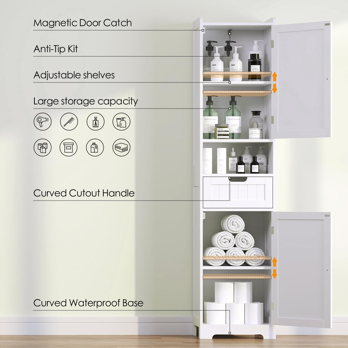 67" H Tall White Bathroom Storage Cabinet B447