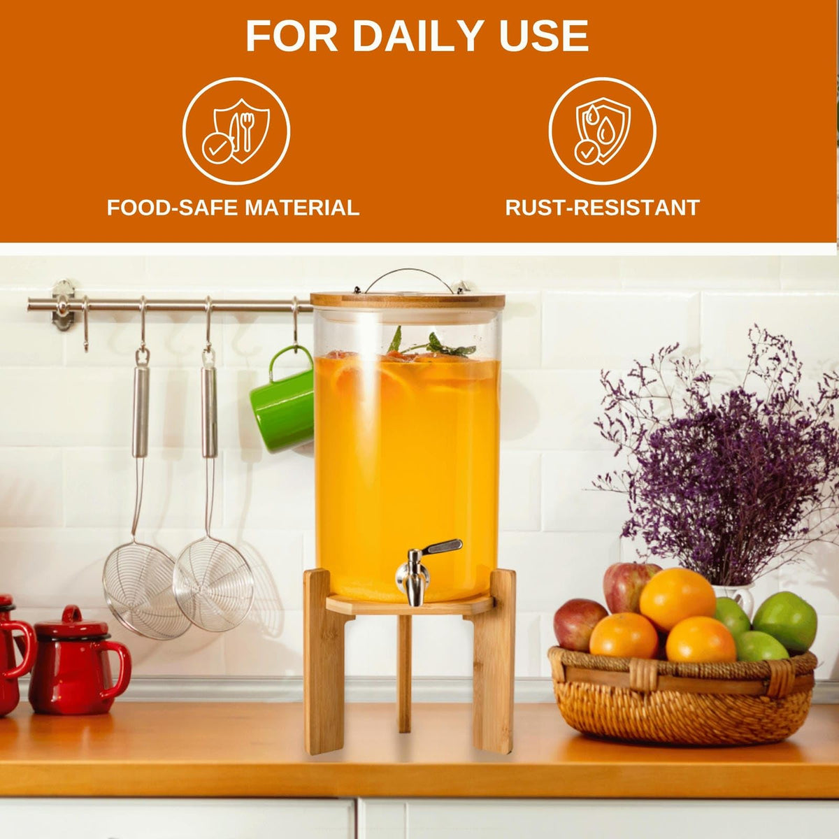 2.1 Gallon Glass Beverage Dispenser with Bamboo Stand and Spigot J711