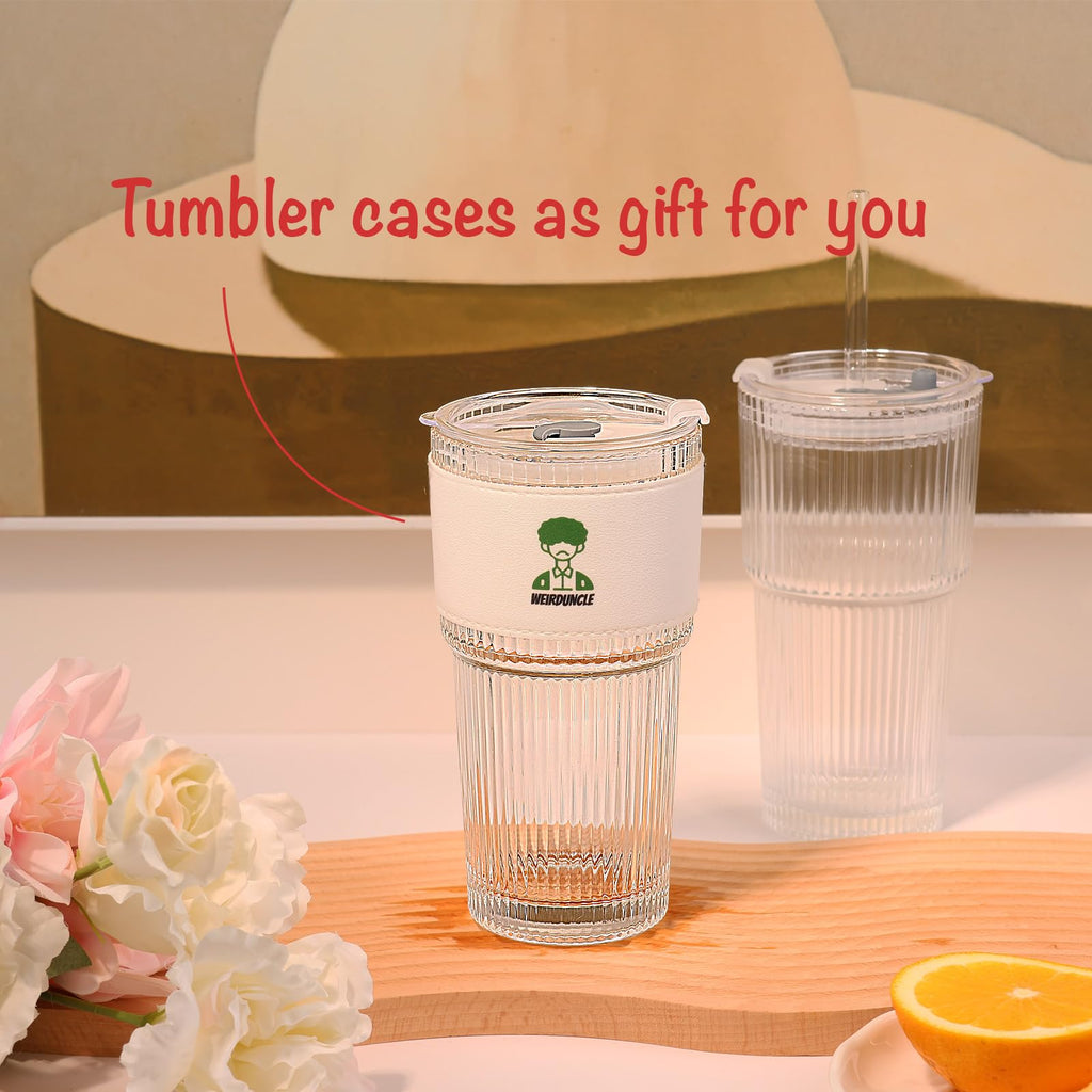 Set of 2 Ribbed Glass Tumbler with Lids and Straws H845303
