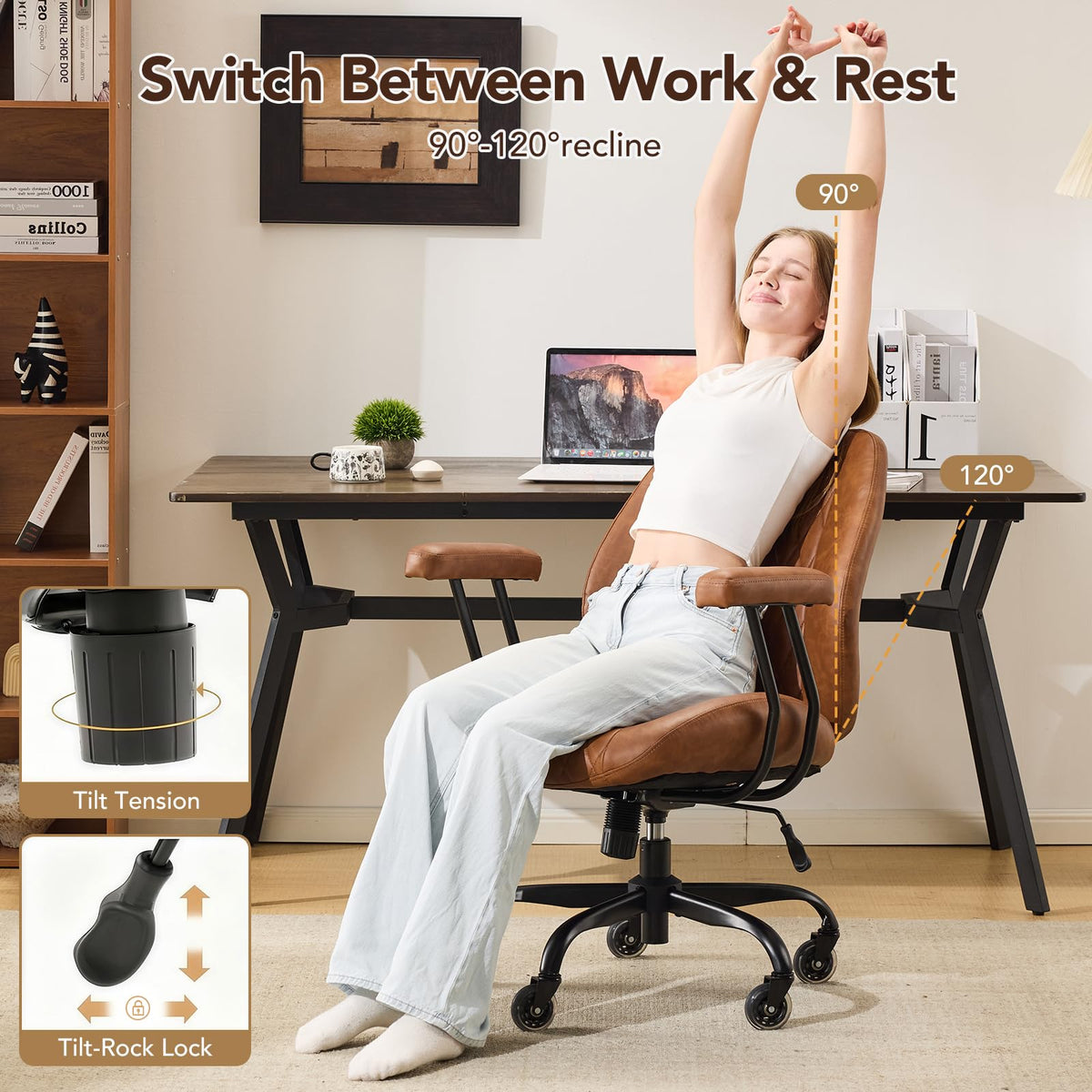 Brown Leather Ergonomic Office Chair with Lumbar Support X910