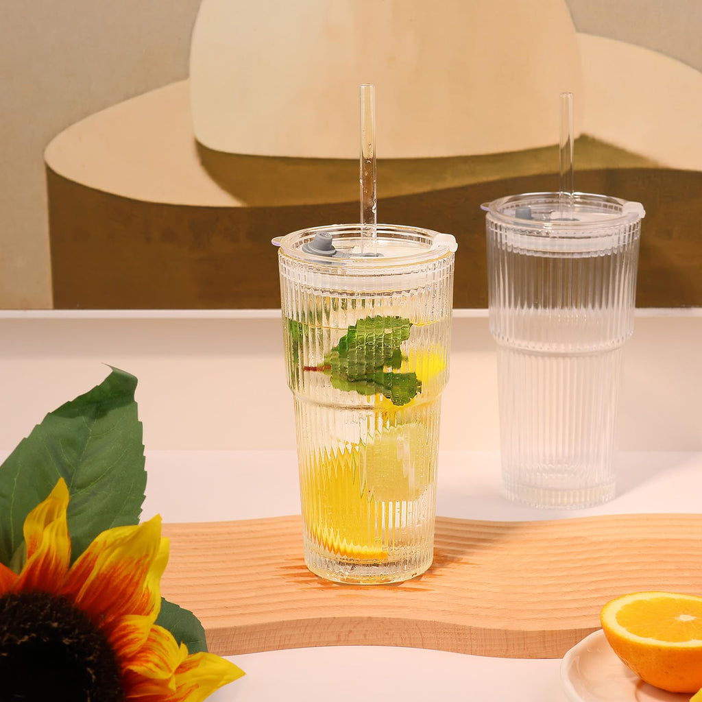 Set of 2 Ribbed Glass Tumbler with Lids and Straws H845303