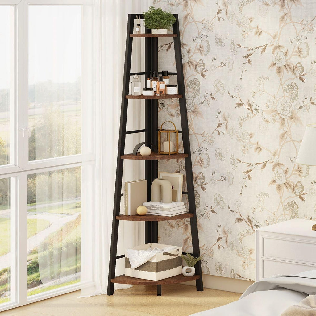 5-Tier Black Metal Wood Corner Bookshelf M8341