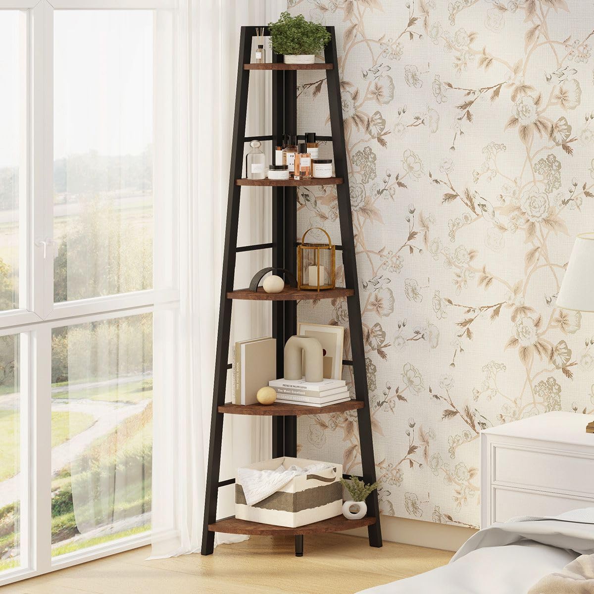 5-Tier Black Metal Wood Corner Bookshelf M8341