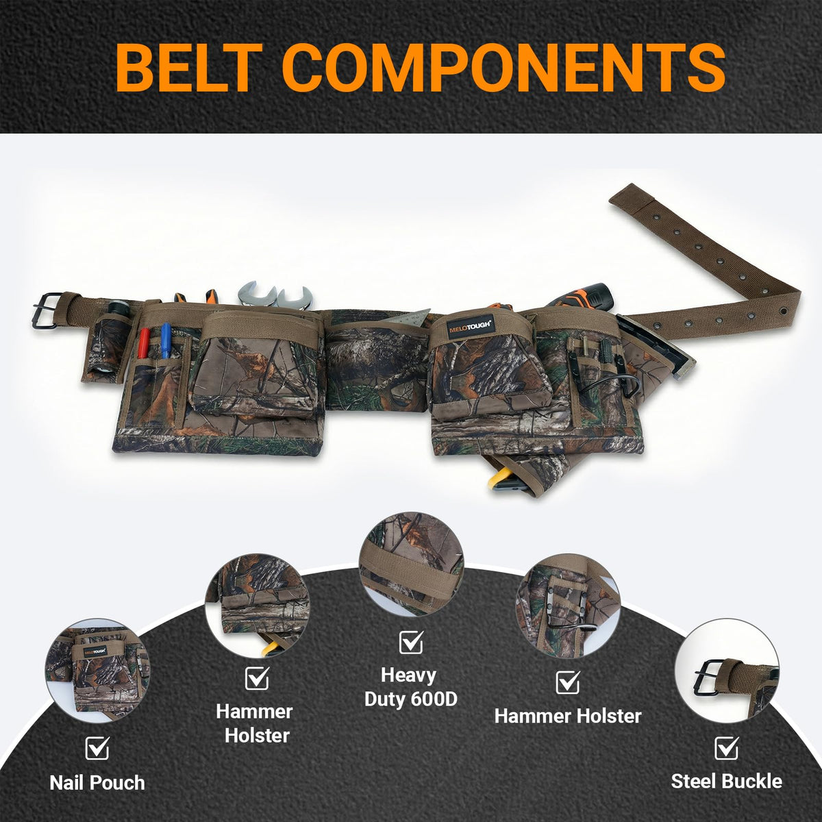 Camo Heavy Duty Adjustable Tool Belt with Pouches O5590