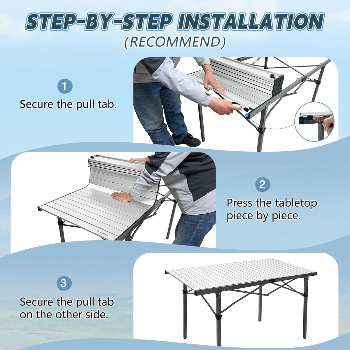 29.9" Tall Folding Camping Table for 2-6 Person, 54.7" Large Aluminum Foldable Roll-up Table Outdoor with Carry Bag for Picnic, Camp, Sturdy, Backyard, Patio L939611