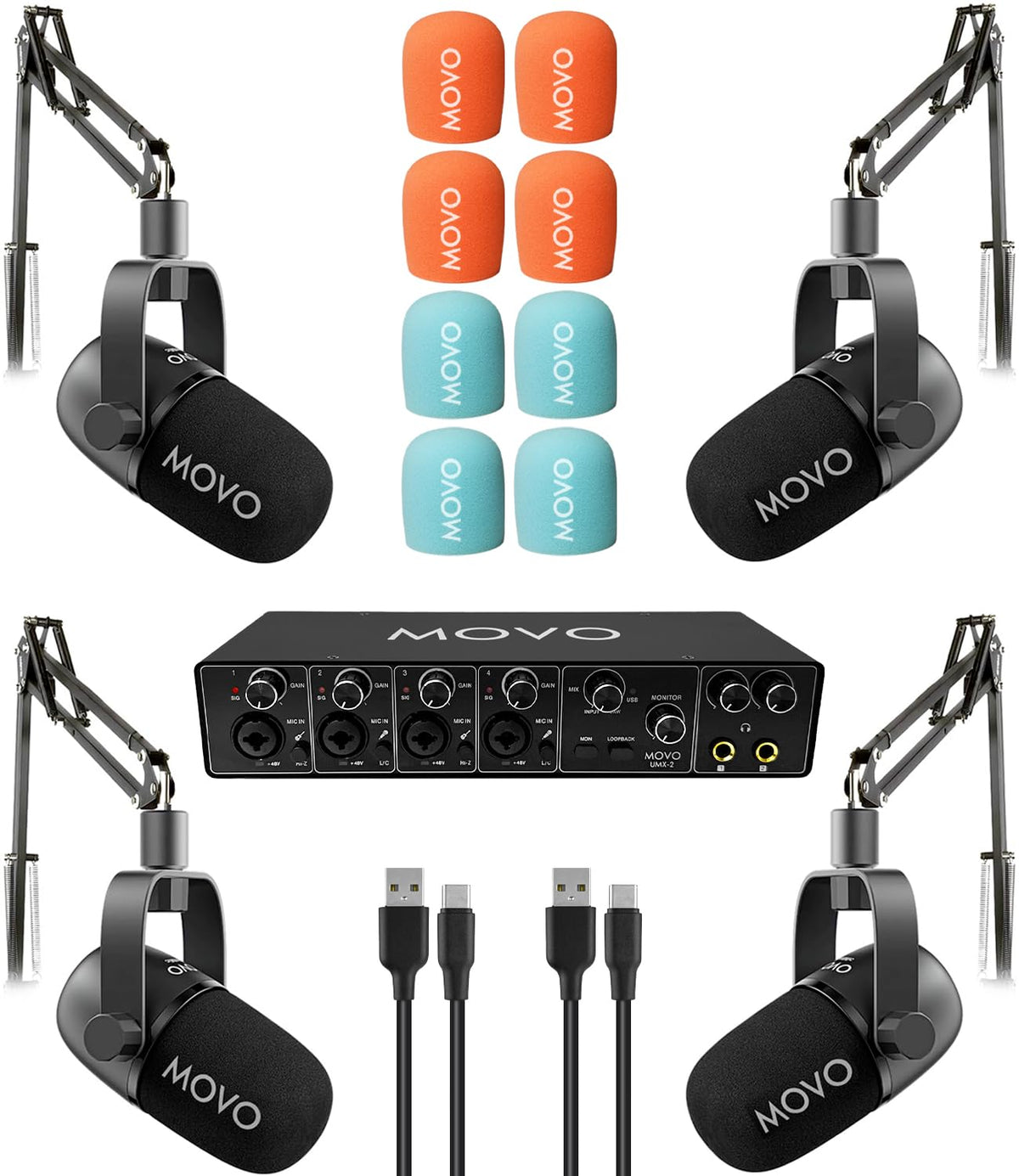4-Person Podcast Equipment Bundle with 4-Channel USB Audio Interface and 4 Dynamic Microphones R27467