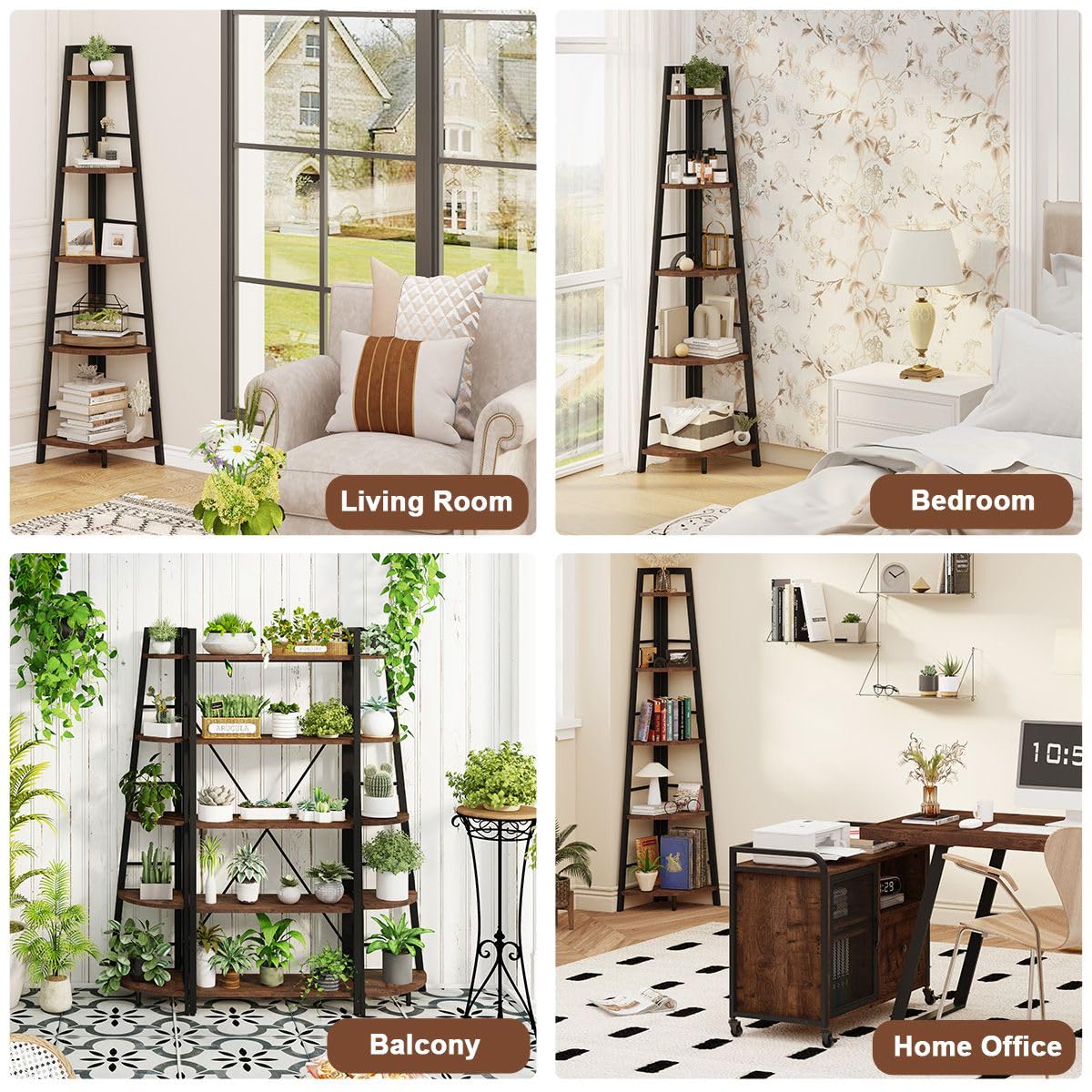 5-Tier Black Metal Wood Corner Bookshelf M8341