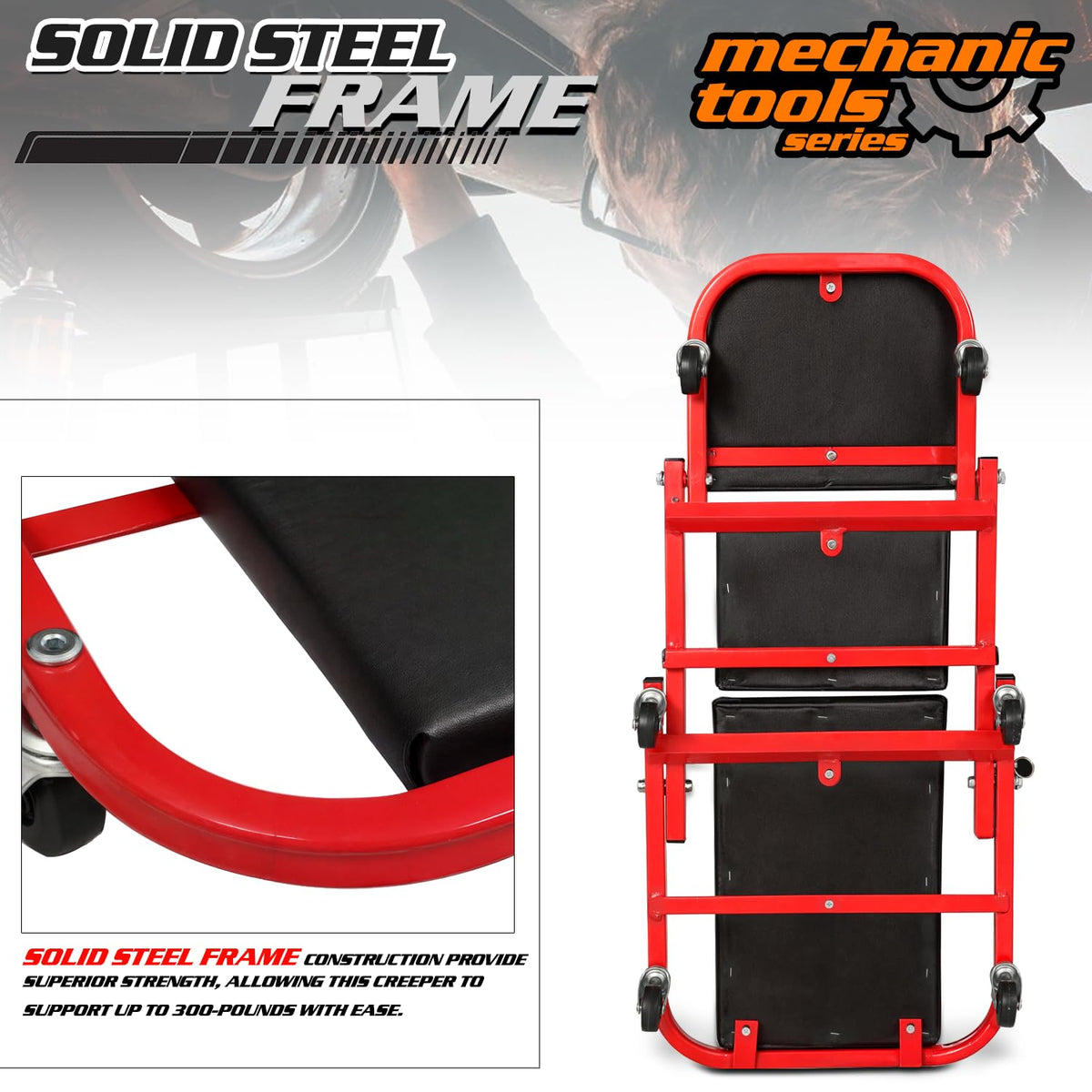 40-Inch Folding Creeper Rolling Seat, 330LBS Capacity with 6 Swivel Casters, Red R6190