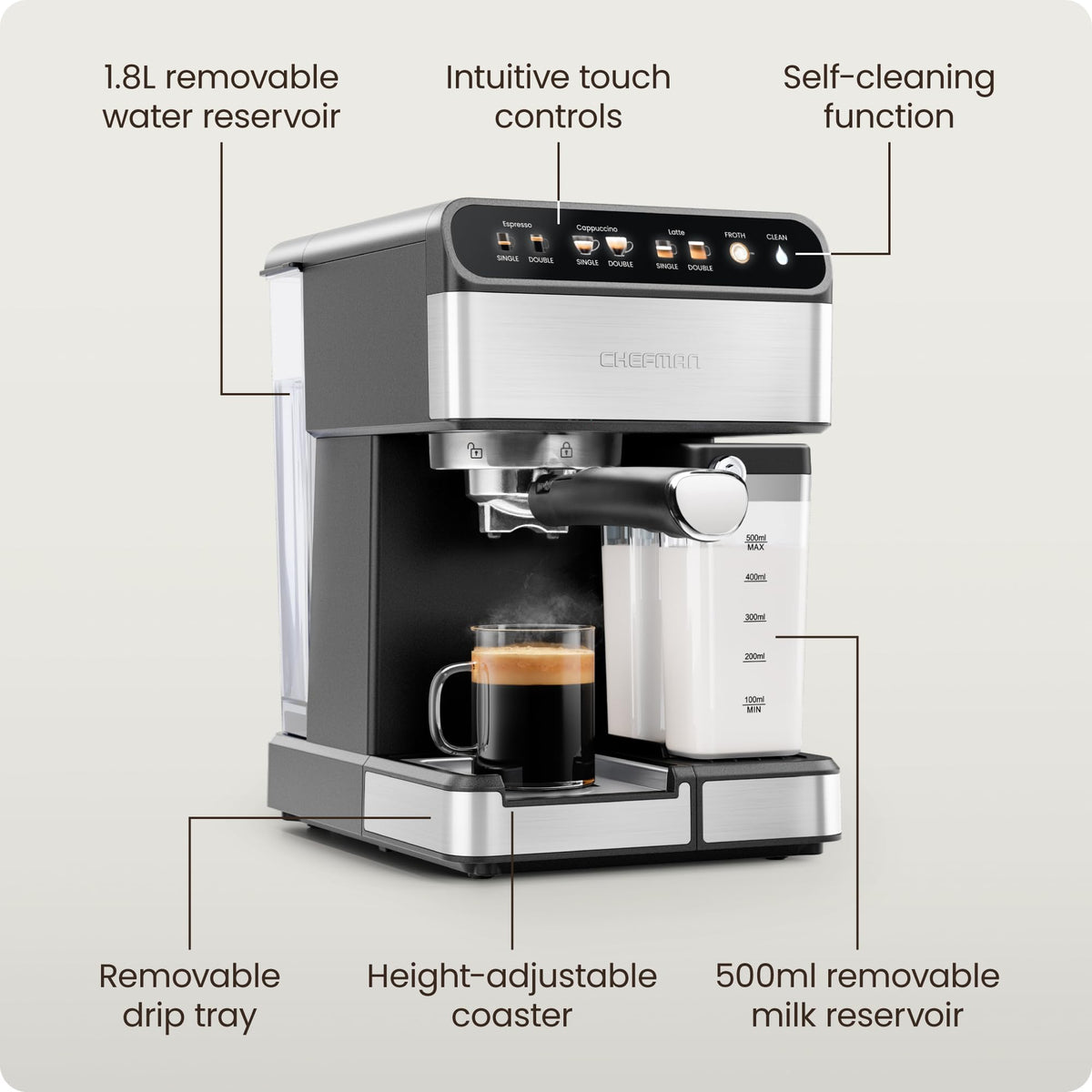 Espresso Machine with Built-In Milk Frother, 1.8 Liter Stainless Steel S4090