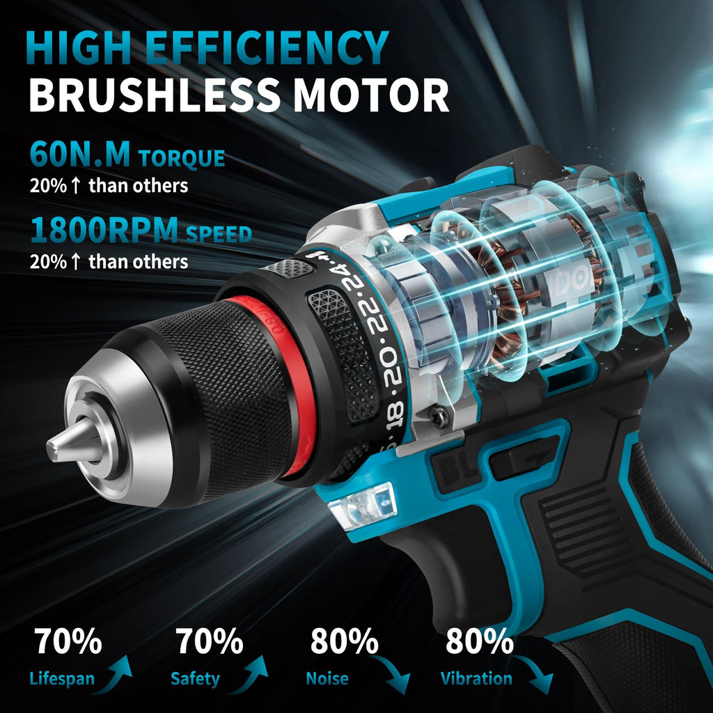 21V Brushless Cordless Drill with 2 Batteries & Charger V60360