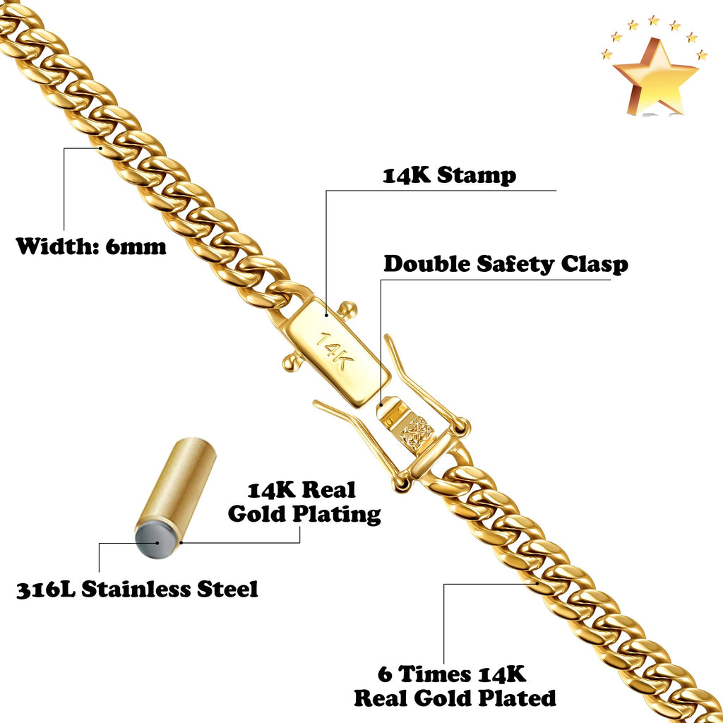3mm 6mm Cuban Link Chain 14K Gold Plated Stainless Steel Necklace M34291