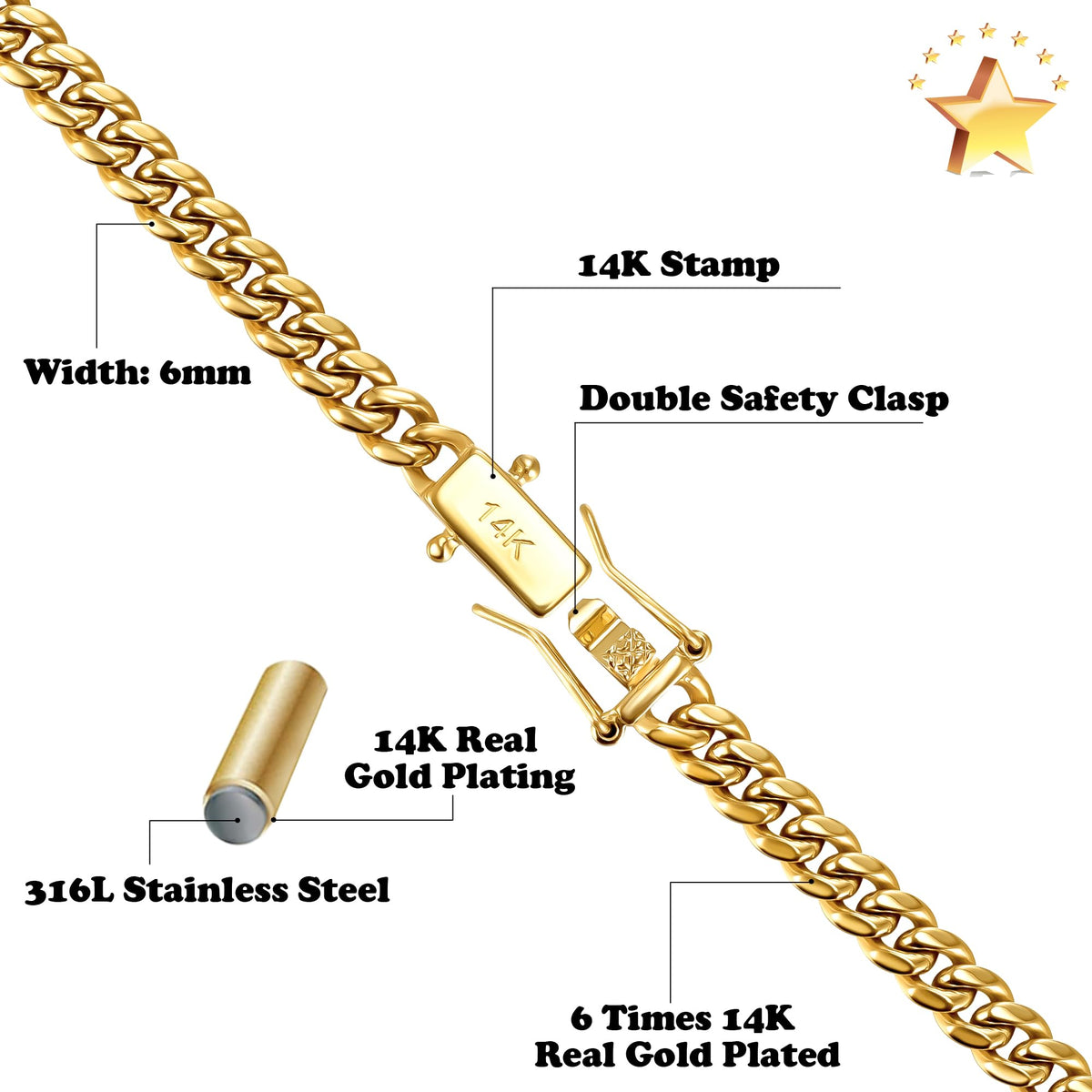 3mm 6mm Cuban Link Chain 14K Gold Plated Stainless Steel Necklace M34291
