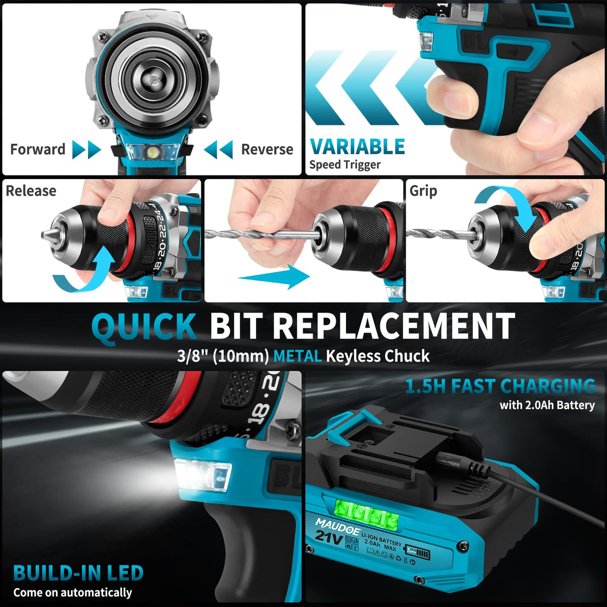 21V Brushless Cordless Drill with 2 Batteries & Charger V60360
