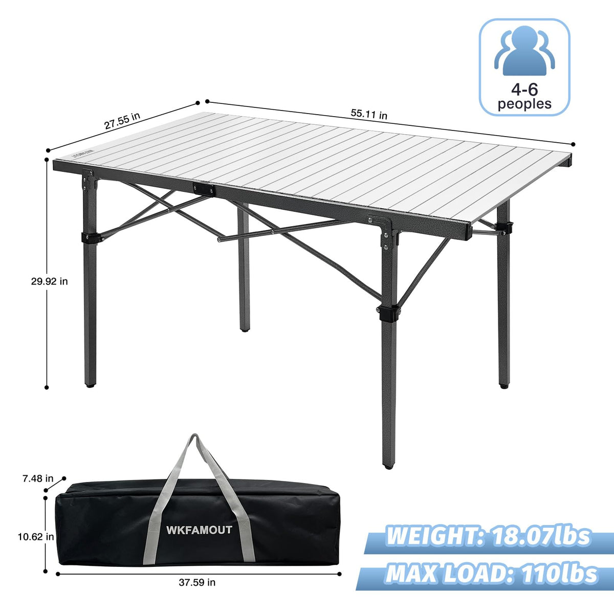 29.9" Tall Folding Camping Table for 2-6 Person, 54.7" Large Aluminum Foldable Roll-up Table Outdoor with Carry Bag for Picnic, Camp, Sturdy, Backyard, Patio L939611
