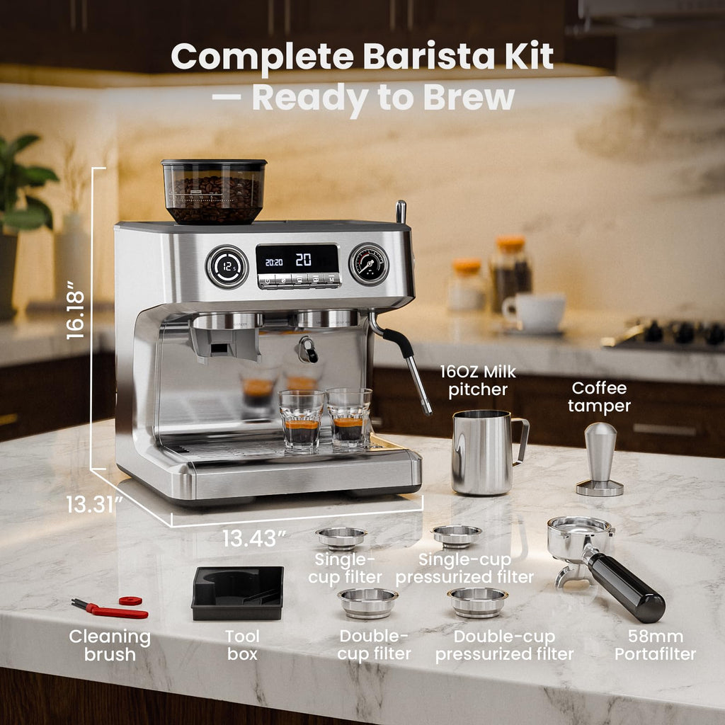 20 Bar Dual Boiler Espresso Machine with Grinder & Milk Steamer T276