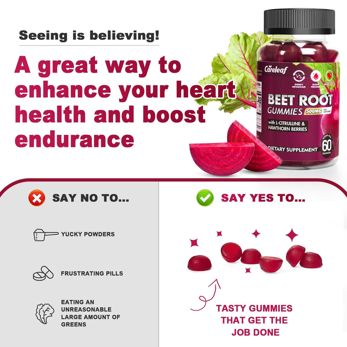 Sugar-Free Vegan Beet Root Gummies with L-Citrulline & Hawthorn Extract, 60 Count K149673