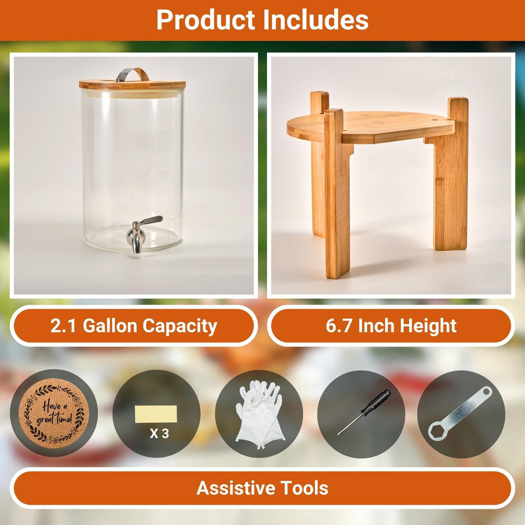2.1 Gallon Glass Beverage Dispenser with Bamboo Stand and Spigot J711