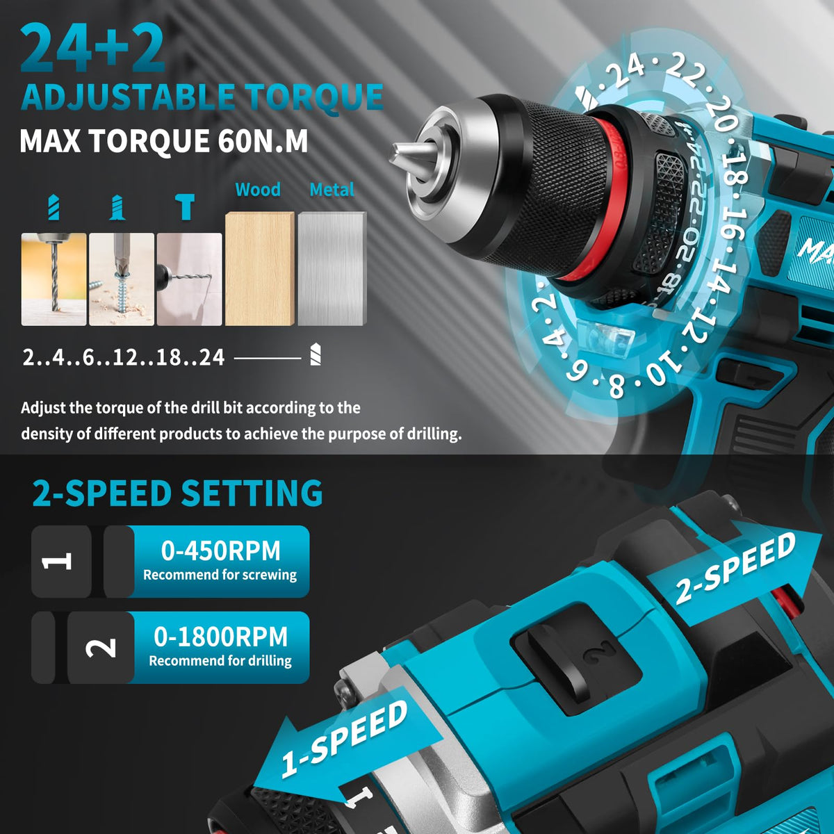 21V Brushless Cordless Drill with 2 Batteries & Charger V60360